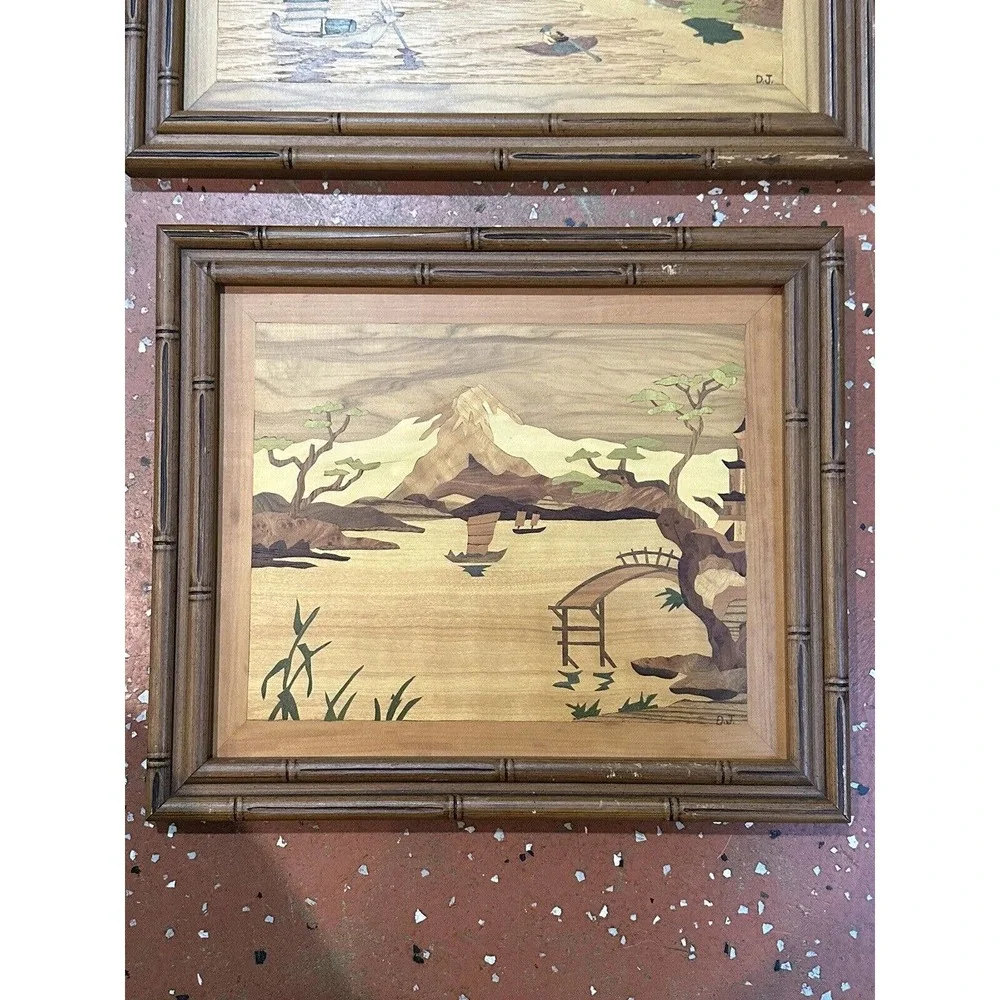 2 Pc Asian Mid Century Modern Framed Wood Cut Out Inlay Wall Art